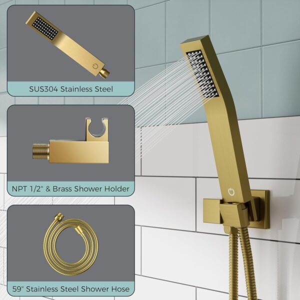 FORIOUS Shower Head System, 12 Inch Rain Shower Faucet Set with Handheld Spray Combo Rough-in Valve, Solid Brass Pressure Balanced Valve Trim Kit, Ceiling Mount, Brushed Gold