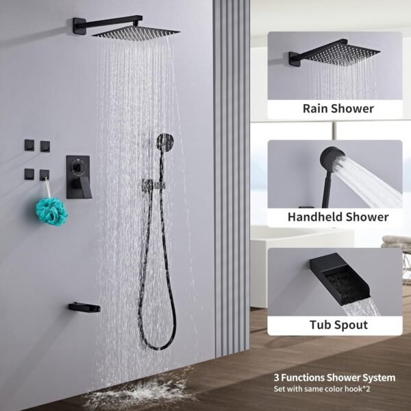 Matte Black Shower Tub Faucet Set, Wall Mounted 8 Inch Shower Heads with Handheld Spray Combo and Tub Shower Faucet, Luxury Bathroom Square Rain Shower System - 4 Hooks