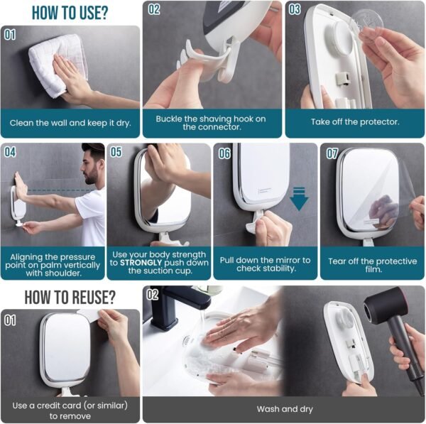 TAILI Shower Mirror Fogless with Razor Holder for Shaving, Anti Fog Bath Mirror with Powerful Suction NO-Drilling, Removable, Shatterproof, Wall Mounted Bathroom Accessories,White