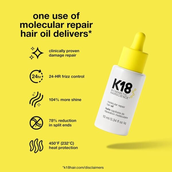 K18 Molecular Repair Hair Oil, Weightless Oil for Stronger, Healthier Hair, Suitable For All Hair Types
