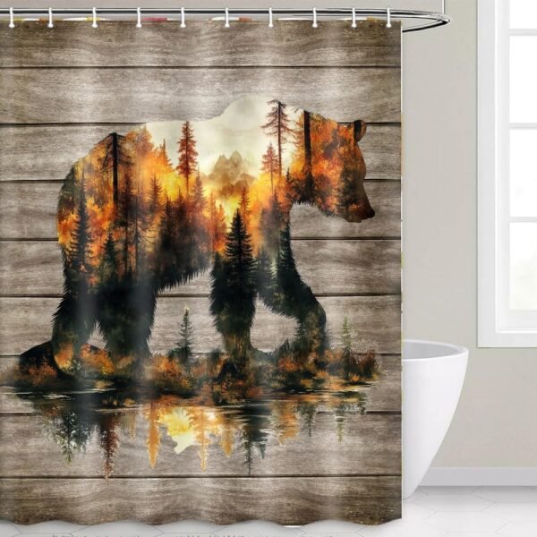 Rustic Bear Shower Curtain Country Wild Animals Forest Plank Background Bath Curtain Set Mountain Woodland Nature Bear Shower Curtain Rustic with 12 Hooks 60 X70 Inch