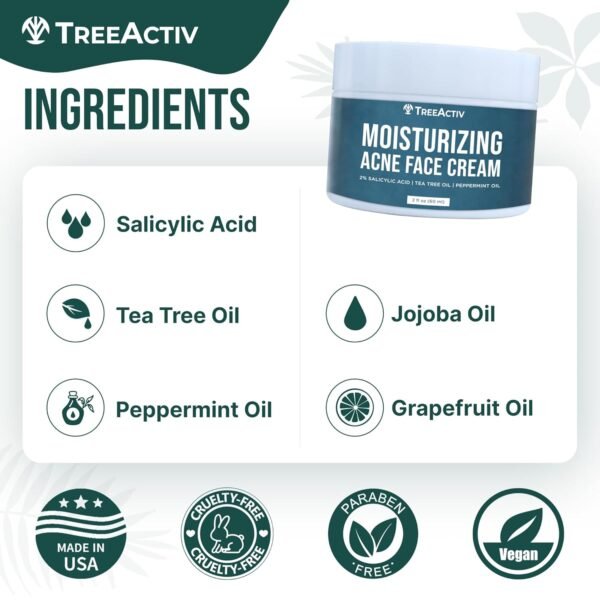 TreeActiv Acne Cream Original Formula, 2 fl oz, 2% Salicylic Acid Face Moisturizer for Oily Skin, Skin Care Acne Formula for Cystic Acne Treatment, Hydrating Face Moisturizer for Acne Prone Skin