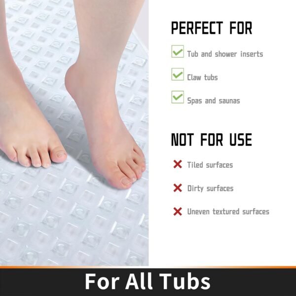 Yimobra Bathtub Mat Non Slip, Super Strong Suction Cups, 27.5"x15.5" Long Shower Mat with Drain Holes, Machine Washable Fast Draining Bath Mats, Bathroom Essentials,Clear