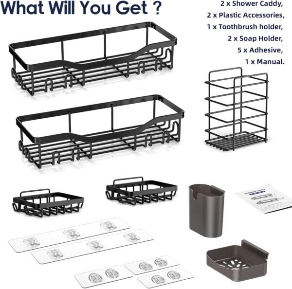 Shower Caddy Adhesive Shower Organizer 7-Pack, Rustproof Stainless Steel Bathroom Shelves, Large Capacity No-Drill Rack Storage Accessories with Soap Dish Toothbrush Holder &24 Hooks Home Decor