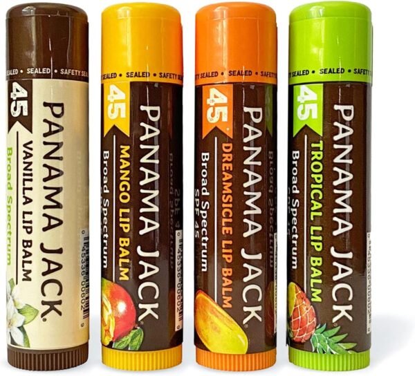 71RG4REOzBS._AC_SL1500_.jpg Panama Jack Sunscreen Lip Balm - SPF 45, Flavor Pack, Broad Spectrum UVA-UVB Sunscreen Protection, Prevents & Soothes Dry, Chapped Lips (Dreamsicle/Vanilla/Tropical/Mango)