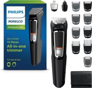 Philips Norelco Multigroom 3000 Series, All-in-One Trimmer, Beard Trimmer and Hair Clipper, 15-Piece Men's Grooming Kit for Head, Beard, Face, Nose, Ears, No Blade Oil Needed, Soft Pouch, MG3770/40