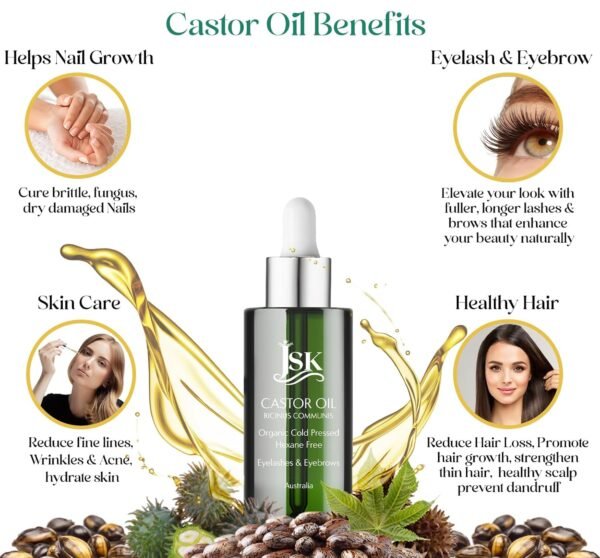 71RQ56HpxQL._SL1500_.jpg JSK Organic Castor Oil for Hair Growth, Eyelash Serum, USDA Certified Cold-Pressed Unrefined Hair Oil, 100% Pure Hexane-Free, 3.3 Oz Glass Bottle with Bonus Silk Hair Bonnet