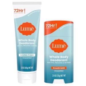 Lume Whole Body Deodorant - Invisible Cream and Solid Unscented - 72 Hour Odor Control - Aluminum & Baking Soda Free, Skin Safe - 3 oz Cream & 2.6 oz Solid Bundle