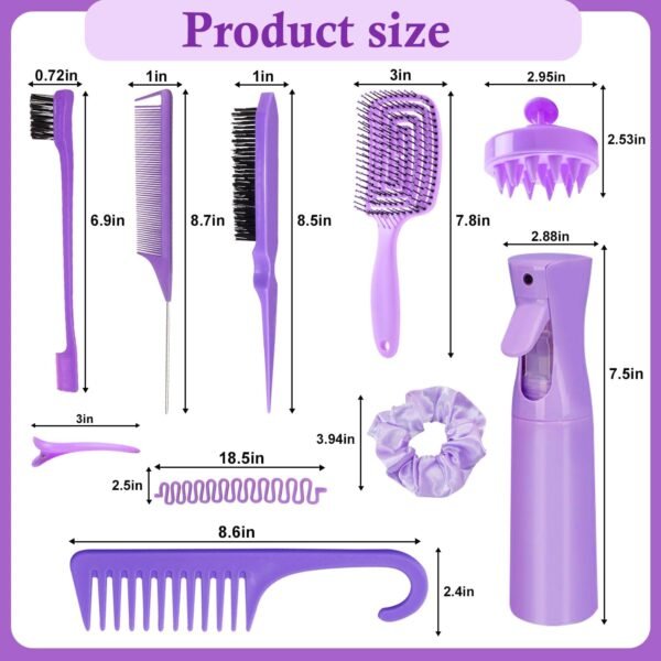 FOTN 17 Pcs Hair Brush and Comb Set for Women, Detangling, Styling, Edge Bristles, Wide Tooth Rat Tail, Spray Bottles, Topsy Hair Tail, Hair Braiding Kit for Girls (Purple)