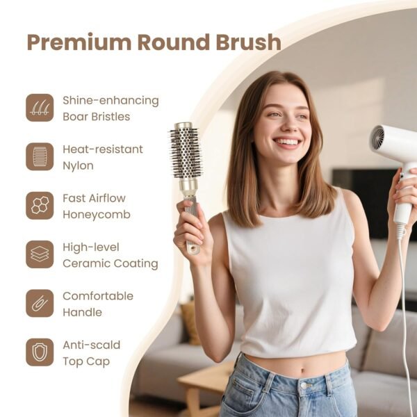 71Rmw1hJl0L._SL1500_.jpg AIMIKE Round Brush, 1.3 Inch Barrel, Nano Thermal Ceramic & Ionic Tech, Boar Bristles, for Blow Drying, Styling, Curling and Shine, Gold + 4 Clips
