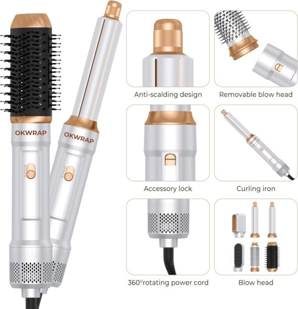 6 in ONE Blow Dryer Brush,Air Curling Iron Round Brush for Blow Out 800W