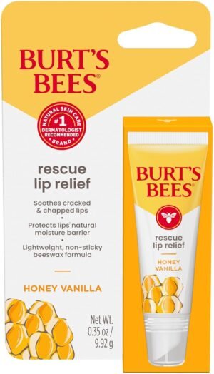 71SI4DsWYL._SL1500_.jpg Burt's Bees Rescue Lip Relief, Honey Vanilla, Hydrating Lip Balm for Dry Cracked Lips, with Responsbily Sourced Beeswax and Shea Butter, 100% Natural Origin, 1 Squeezy Tube, 0.35oz