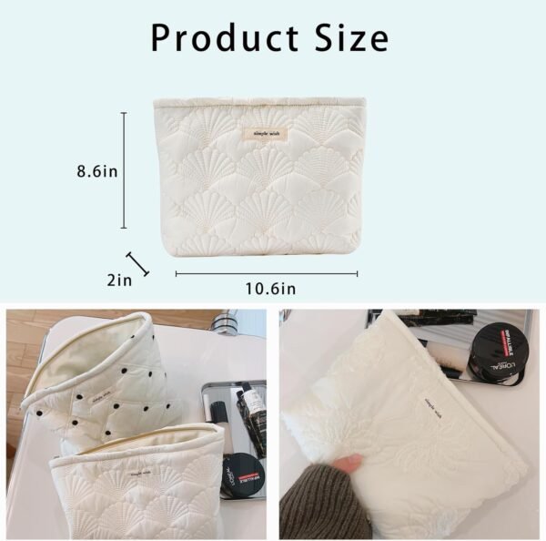 uekeboag White Quilted Cotton Makeup Pouch,Coquette Quilted Toiletry Bag for Women and Girls, Floral Coquette Organizer Bag, Aesthetic Travel Cosmetic Bags(03White Shells)
