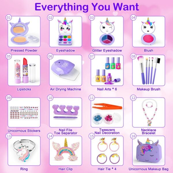 Kids Makeup Kit for Girl - 2 in 1 Kids Washable Makeup Toys & Nail Art Kit with Nail Dryer and Cosmetic Storage Case, Girls Princess Dress Up Set, Real Makeup Kits for Ideal Gift Toys for 3-12 Year