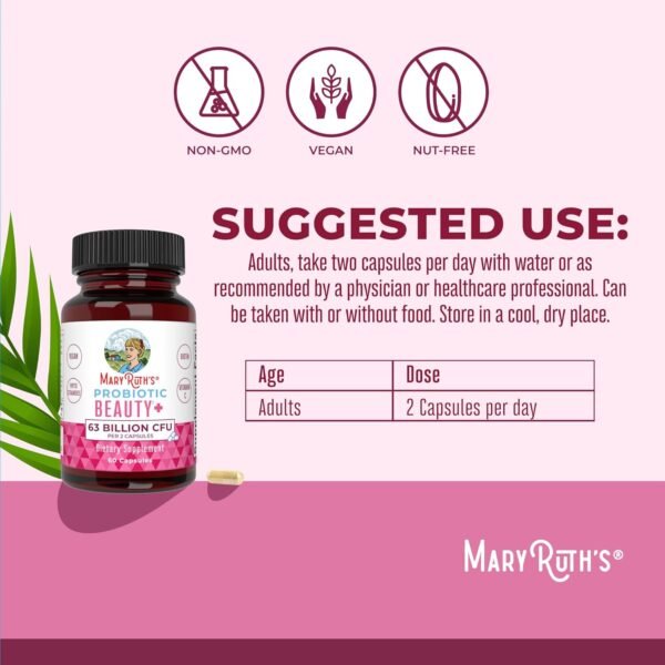 MaryRuth Organics Probiotic Beauty Capsules | Vegan Collagen Support | Anti Aging | Gut Health | Hair Skin and Nails Vitamins | Skin Care | Biotin | Non-GMO Project Verified | 60 Count
