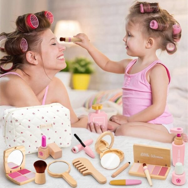 Wooden Makeup Toy Set for Girls Pretend Play Makeup Kit for Toddlers 3-5 with Eyeshadow/ Mascara/ Perfume/ Blush/ Mirror/ Bag, Birthday Gifts for Girls Toys Kids Aged 3 4 5 6 7 8