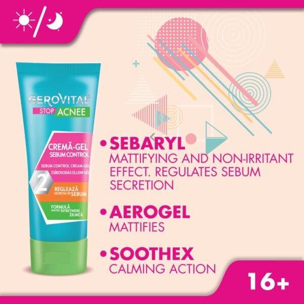 GEROVITAL STOP ACNE Sebum Control Face Cream-Gel, Mattifying and Anti-Irritant Effect, Reduces Sebum Secretion, Unblockes Pores, 50 ml