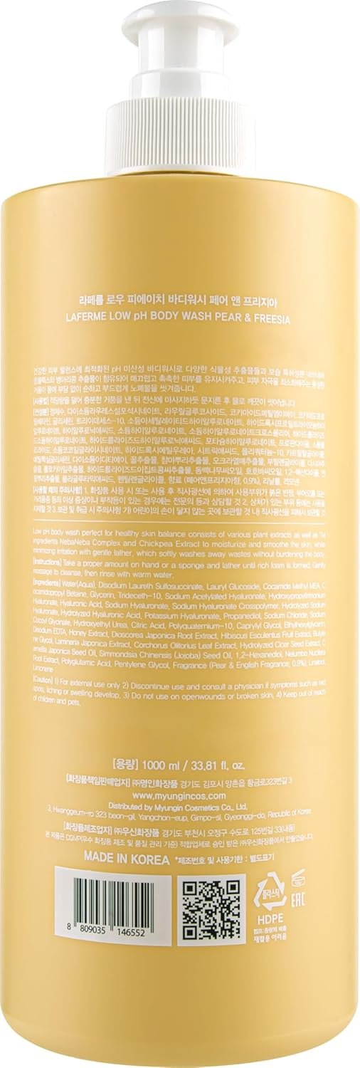 Low pH balanced Gentle Korean Body Wash with Natural & Organic Ingredients, Hypoallergenic for Sensitive Skin, Moisturizing & Hydrating for Dry Skin, For Women & Men, 33 Fl Oz, Pear & Freesia