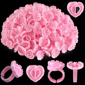 300 Pcs Glue Rings for Eyelash Extensions,Disposable Rings for Lashes Cute Lash Glue Holder Heart Rings Glue Cup Glue Rings Smart Glue Cup,Use for Eyelash Extension Supplies(Pink)
