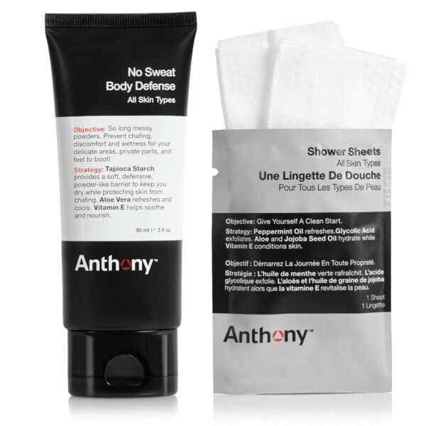 Anthony No Sweat Body Defenseand Shower Sheet Bundle – Anti-Chafing, Anti-Itch Cream-to-Powder – 3 Fl. Oz and 1 Shower Sheet, Protects Skin from Sweating