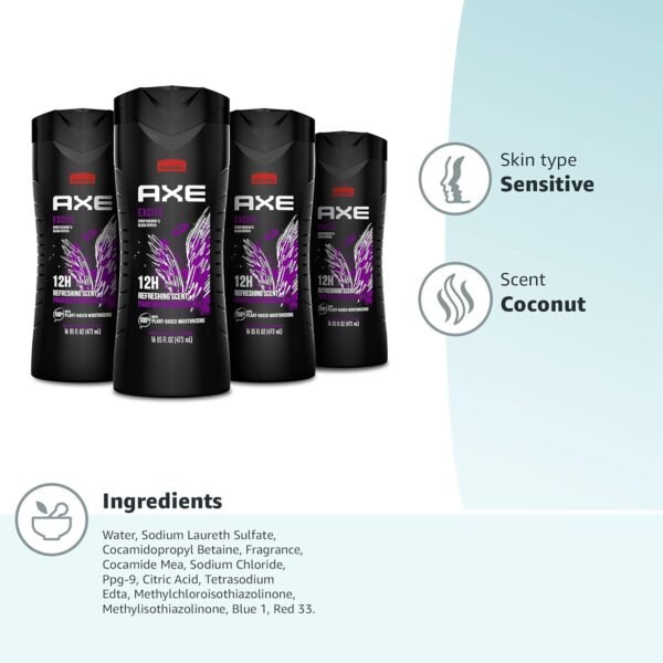 AXE Body Wash 12h Refreshing Scent Excite Crisp Coconut & Black Pepper Men's Body Wash with 100% Plant-Based Moisturizers 16 oz 4 Pack