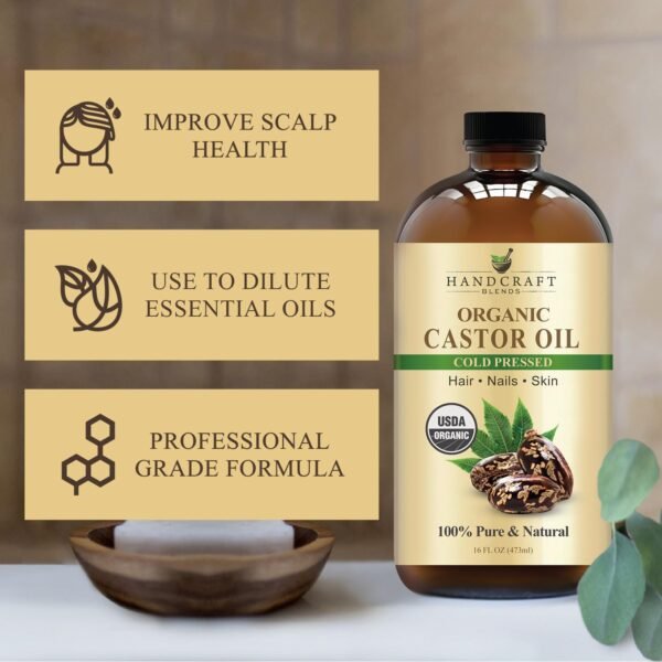 71UZUdwrMBL._SL1500_.jpg Handcraft Blends Cold-Pressed Organic Castor Oil in Glass Bottle - 16 Fl Oz - 100% Pure and Natural - Premium Grade Carrier Oil for Hair Growth, Eyelashes and Eyebrows - Hair and Body