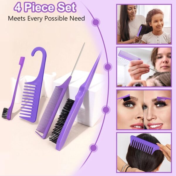 FOTN 17 Pcs Hair Brush and Comb Set for Women, Detangling, Styling, Edge Bristles, Wide Tooth Rat Tail, Spray Bottles, Topsy Hair Tail, Hair Braiding Kit for Girls (Purple)