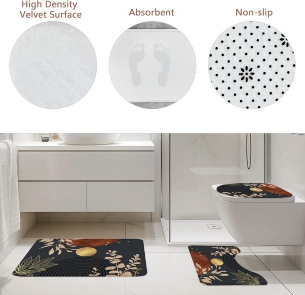 Riyidecor Mid Century Boho 4Pcs Bathroom Shower Curtain Sets Abstract Aesthetic Sun Modern Bathroom Decor Set with Rugs and Accessories Minimalist Toilet Lid Rug, Contour and Bath Mat with 12 Hooks