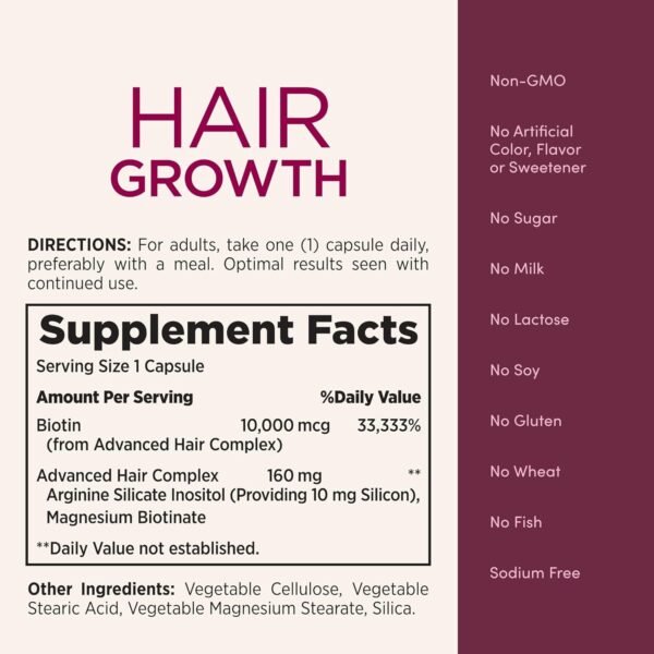 Nature's Bounty Optimal Solutions Hair Growth Supplement with Biotin, Hair Growth Vitamins with Biotin Silicon & Arginine, 1 Per Day, 30 Capsules, One Month Supply