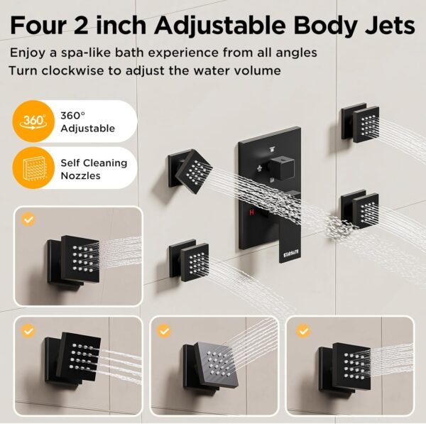 Shower Systems with 4 Body Spray Jets, STARBATH 4 Way 12+6" Rainfall Shower Head with Handheld Combo, Ceiling Mounted Shower Jets System in Wall Shower Faucet Sets Complete, Matte Black