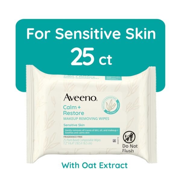 Aveeno Calm + Restore Unscented Makeup Remover Face Wipes, Fragrance Free Facial Cleansing Towelettes with Oat Extract & Calming Feverfew Leave Skin Feeling Soothed, Alcohol Free, 25 ct