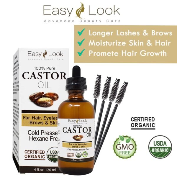 71W8HPPdxPL._SL1500_.jpg Castor Oil 4oz, USDA Certified Organic 100% Pure, Stimulate Growth for Eyelashes, Eyebrows, Hair. Skin Moisturizer & Hair Treatment Starter Kit