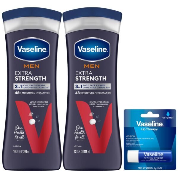 Vaseline Lotion for Men Extra Strength 3-in-1 for Face, Hands & Body + Original Lip Therapy for Dry Lips with Petroleum Jelly (3 Piece Set)