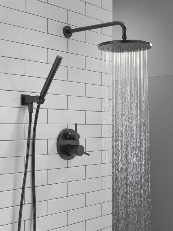 Delta Modern 14 Series Round Rain Shower System Faucet Set, Rainfall Matte Black Shower Head and Handle Set, Valve Trim Kit, 10 Inch, Matte Black 342702-BL