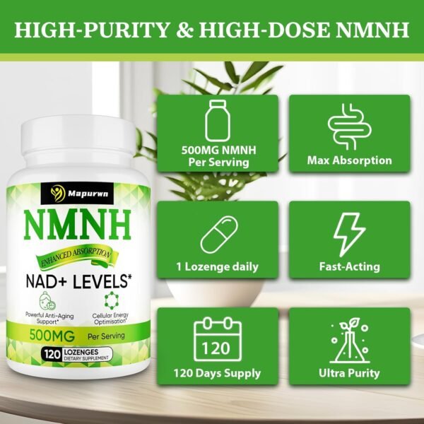 NMNH (Dihydronicotinamide Mononucleotide),NMN Supplement Alternative, 500mg per Serving NAD Supplement to Boost NAD+ Levels As We Age, NMNH for Anti-Aging, Energy, Focus, 120 Count (120 Servings)