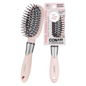 71Ws4CkAX4L._SL1500_.jpg Conair Velvet Touch oval cushion hair brush - Travel Hairbrush- Detangling - curly or straight styles - detangler brushes - women or men - Blush Pink