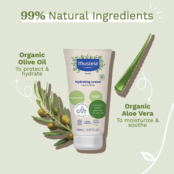 Mustela Certified Organic Hydrating Cream - Natural Body Lotion w/ Olive Oil, Aloe Vera & Sunflower Oil - For Baby, Kid & Adult - Fragrance Free, EWG Verified & Vegan - 5.07 oz. - Packaging may vary
