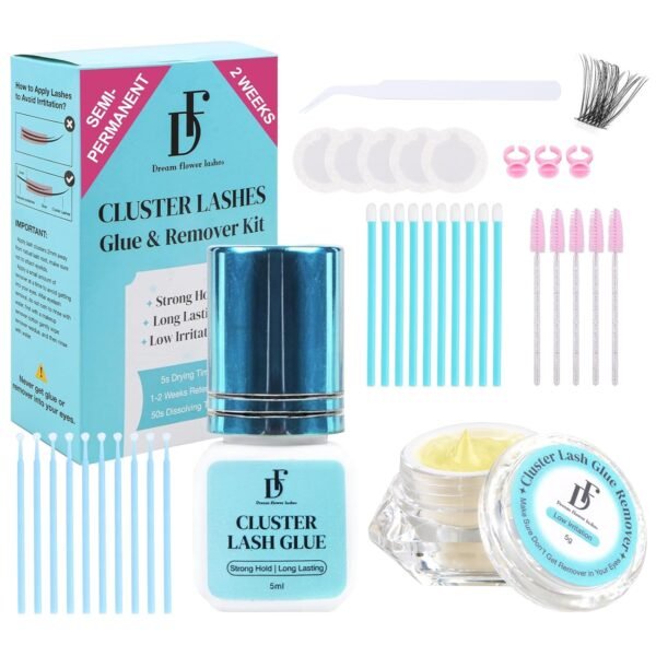 Semi-permanent 2 Weeks Lash Cluster Glue and Remover Kit for Eyelash Clusters Strong Hold Long Lasting Waterproof Eyelash Glue Remover for DIY Lash Extensions with Lash Extension Supplies