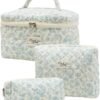 71XIj82CodL._AC_SL1500_.jpg kingkiss Makeup Bag, Quilted Cosmetic Bag, Large Capacity Make Up Bag for Women, Cute Floral Storage Toiletry Bag Travel Storage Makeup Bag (Blue Flower)
