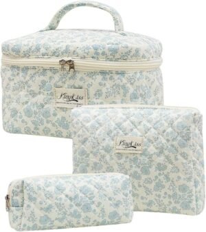 71XIj82CodL._AC_SL1500_.jpg kingkiss Makeup Bag, Quilted Cosmetic Bag, Large Capacity Make Up Bag for Women, Cute Floral Storage Toiletry Bag Travel Storage Makeup Bag (Blue Flower)