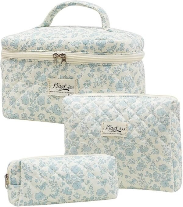 71XIj82CodL._AC_SL1500_.jpg kingkiss Makeup Bag, Quilted Cosmetic Bag, Large Capacity Make Up Bag for Women, Cute Floral Storage Toiletry Bag Travel Storage Makeup Bag (Blue Flower)