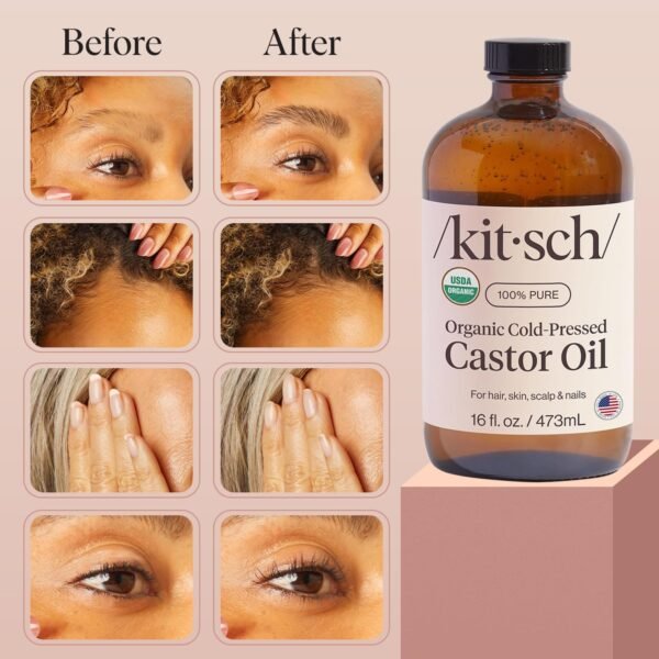 71XauesvDiL._SL1500_.jpg Kitsch Organic Castor Oil for Hair Growth - 100% Pure Castor Oil, Organic Cold Pressed Unrefined Glass Bottle for Face, Skin, Lashes, Brows, Scalp, Nails & Belly Button - Hexane Free, USDA - 16 oz