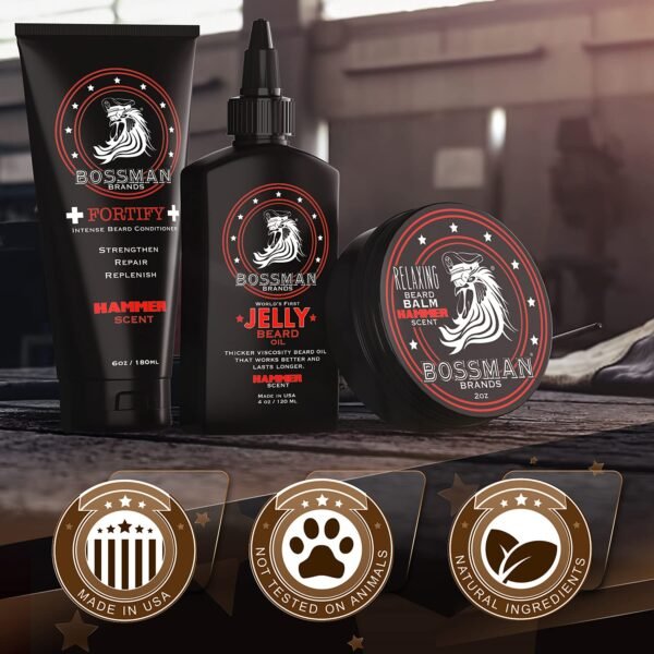 Bossman Essentials Beard Kit - Made in USA - Jelly Beard Oil - Conditioner - Beard Balm - Natural Ingredients (Hammer Scent)