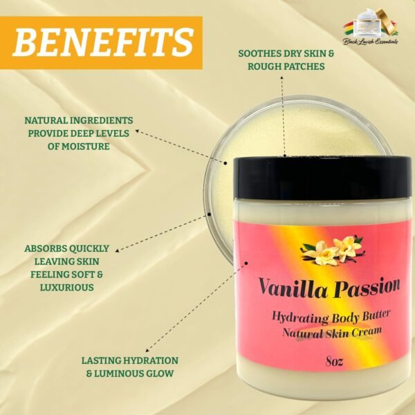 Ultra-Soft Shea Body Butter, Dry Skin Cream for Radiant Moisturized Skin, Natural Hydrating Body Lotion with Aloe Vera, Argan Oil, Rosehip Oil, (Vanilla Passion, 8oz)