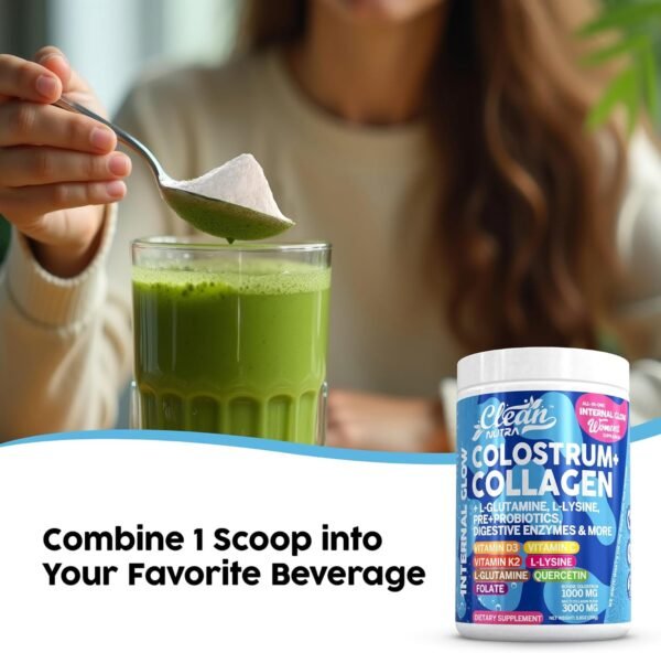 Bovine Colostrum+Collagen Peptides Powder| L-Glutamine L-Lysine Prebiotics Probiotics Digestive Enzymes Vitamin D K2 Vitamin C Quercetin & Folate|Gut Health Supplement Internal Glow By Clean Nutra (1)