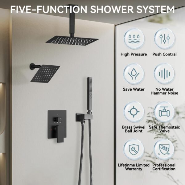 Shower Faucet Set Matte Black Shower System,Bostingner Five Function Diverter Shower Faucet with 2 in 1 Handheld,10'' Ceiling Mount and 6’‘ Wall Mount Shower Head Rainfall Shower Set with Valve