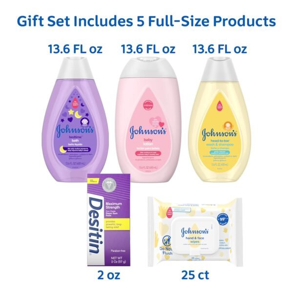 Johnson's Baby Here Comes Baby Gift Set, Baby Essentials for New Parents with Moisturizing Lotion, Bedtime Bath, Body Wash & Shampoo, Hand & Face Wipes, & Diaper Rash Cream, 5 Items