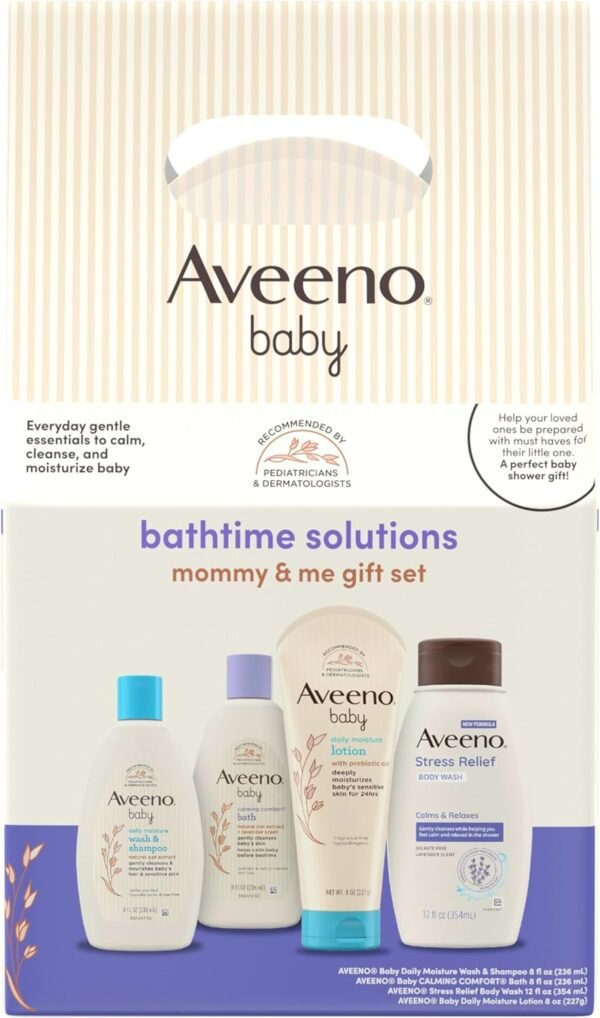 71YZ0vhkr6L._AC_SL1500_.jpg Aveeno Baby Bathtime Solutions Mommy & Me Gift Set, Baby Wash & Shampoo, Calming Bath, Daily Moisturizing Lotion & Stress Relief Body Wash for Mom, Nourishing Oat, Registry Must Haves, 4 items