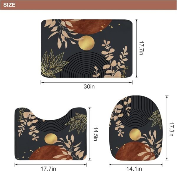 Riyidecor Mid Century Boho 4Pcs Bathroom Shower Curtain Sets Abstract Aesthetic Sun Modern Bathroom Decor Set with Rugs and Accessories Minimalist Toilet Lid Rug, Contour and Bath Mat with 12 Hooks