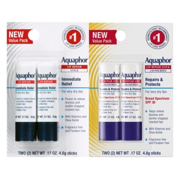 71Ybiqt8W5L._SL1500_.jpg Aquaphor Lip Balm Set with Jojoba Oil and Shea Butter, Lip Repair Stick (2 x 0.17 Oz) + Repair Stick with Sunscreen SPF 30 (2 x 0.17 Oz), Fragrance Free, Paraben Free, Immediately Relieves Dryness